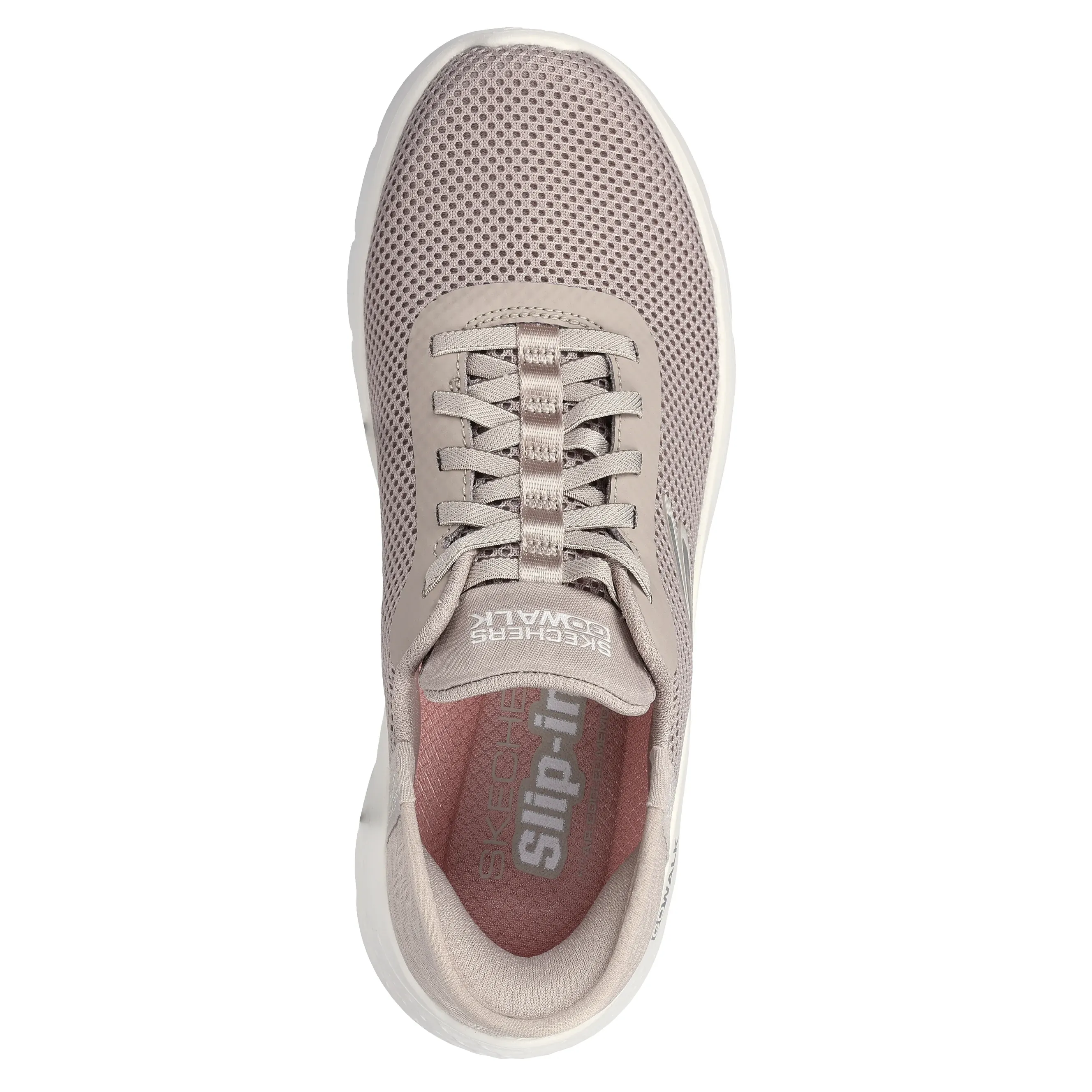 Vista superior do tênis feminino Skechers Go Walk Flex bege mostrando interior com palmilha viscoelástica.